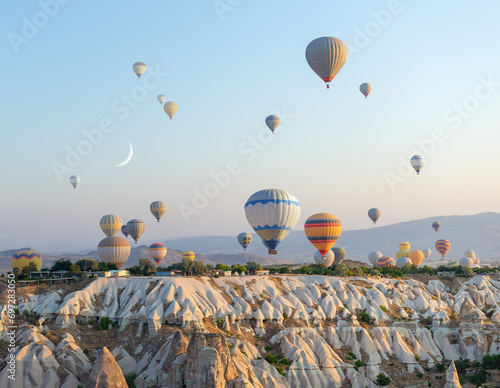 Hot air balloons over a rock