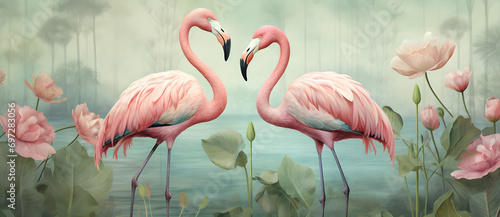 Two flamingos amidst tropical flora
