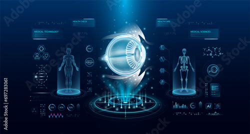 Eyeball health care technology with scan virtual interface hologram style. X ray and MRT human body examination. Medical diagnostic with HUD, UI, GUI. Analysis in futuristic laboratory. Vector EPS10.