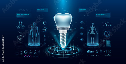 Dental implant health care technology with scan virtual interface hologram style. X ray and MRT human body examination. Medical diagnostic with HUD, UI, GUI. Analysis in futuristic laboratory. Vector.