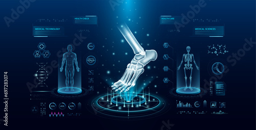 Ankle joint bone health care technology with scan virtual interface hologram style. X ray and MRT human body examination. Medical diagnostic with HUD, GUI. Analysis in futuristic laboratory. Vector.