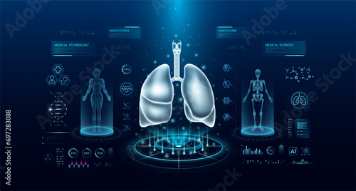 Lung health care technology with scan virtual interface hologram style. X ray and MRT human body examination. Medical diagnostic with HUD, UI, GUI. Analysis in futuristic laboratory. Vector EPS10.