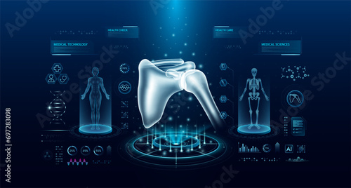 Shoulder health care technology with scan virtual interface hologram style. X ray and MRT human body examination. Medical diagnostic with HUD, UI, GUI. Analysis in futuristic laboratory. Vector EPS10.