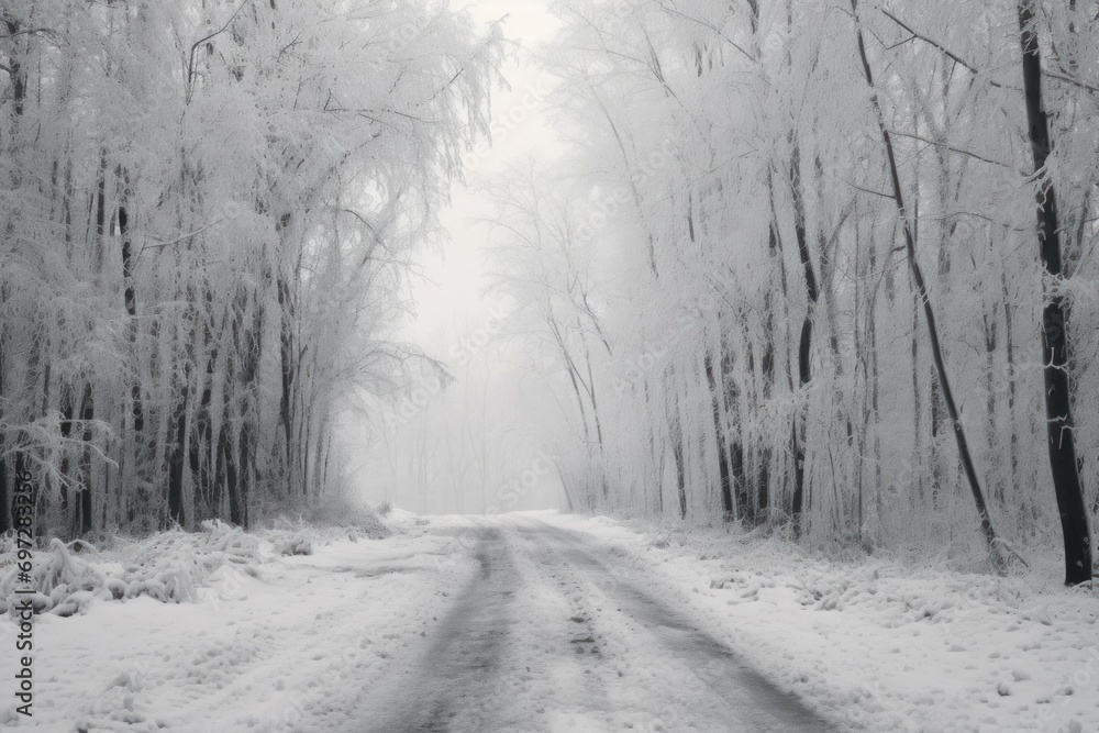 Obraz premium A snowy road cutting through a serene forest. Perfect for winter-themed projects and nature landscapes