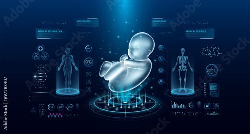 Fetus health care technology with scan virtual interface hologram style. X ray and MRT human body examination. Medical diagnostic with HUD, UI, GUI. Analysis in futuristic laboratory. Vector EPS10.