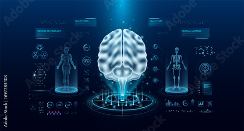 Brain health care technology with scan virtual interface hologram style. X ray and MRT human body examination. Medical diagnostic with HUD, UI, GUI. Analysis in futuristic laboratory. Vector EPS10.