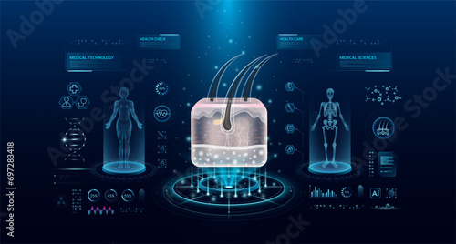 Hair skin health care technology with scan virtual interface hologram style. X ray and MRT human body examination. Medical diagnostic with HUD, UI, GUI. Analysis in futuristic laboratory. Vector.