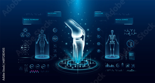 Knee joint bone health care technology with scan virtual interface hologram style. X ray and MRT human body examination. Medical diagnostic with HUD, GUI. Analysis in futuristic laboratory. Vector.