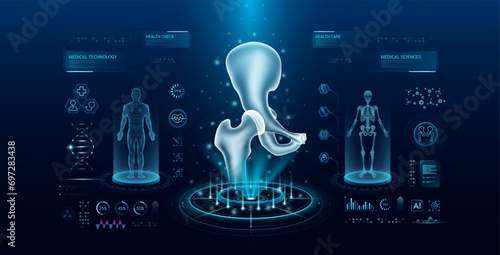 Hip joint health care technology with scan virtual interface hologram style. X ray and MRT human body examination. Medical diagnostic with HUD, UI, GUI. Analysis in futuristic laboratory. Vector.