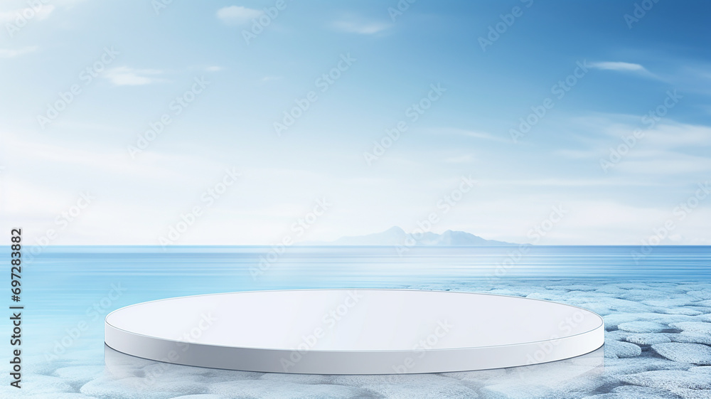 3d rendered empty display glass podium on water Minimal scene for product display presentation