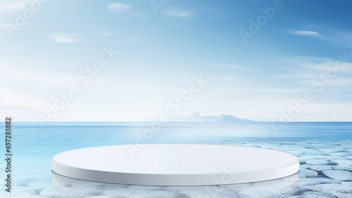 3d rendered empty display glass podium on water Minimal scene for product display presentation