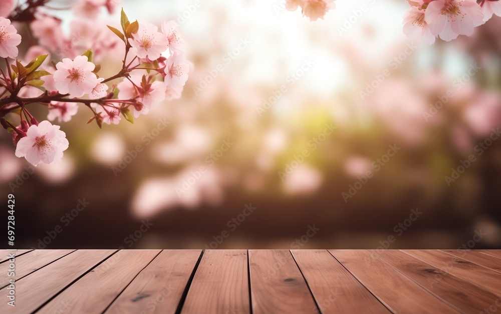 Empty wood table top with blurred Cherry blossoms and soft sun light in garden background Empty wood table top with blurred Cherry blossoms and soft sun light in garden background