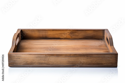 a wooden tray with a handle on a white surface