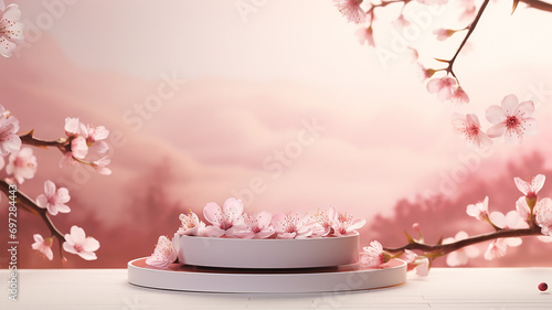 Wallpaper Mural empty natural stone podium with flowers for showing packaging and product on blurred background, copy space ,3d rendered Torontodigital.ca