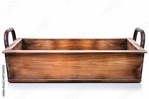 a wooden box with handles on a white background