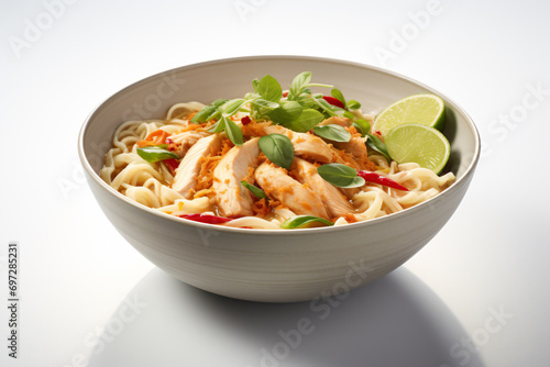 a bowl of noodles with chicken and vegetables