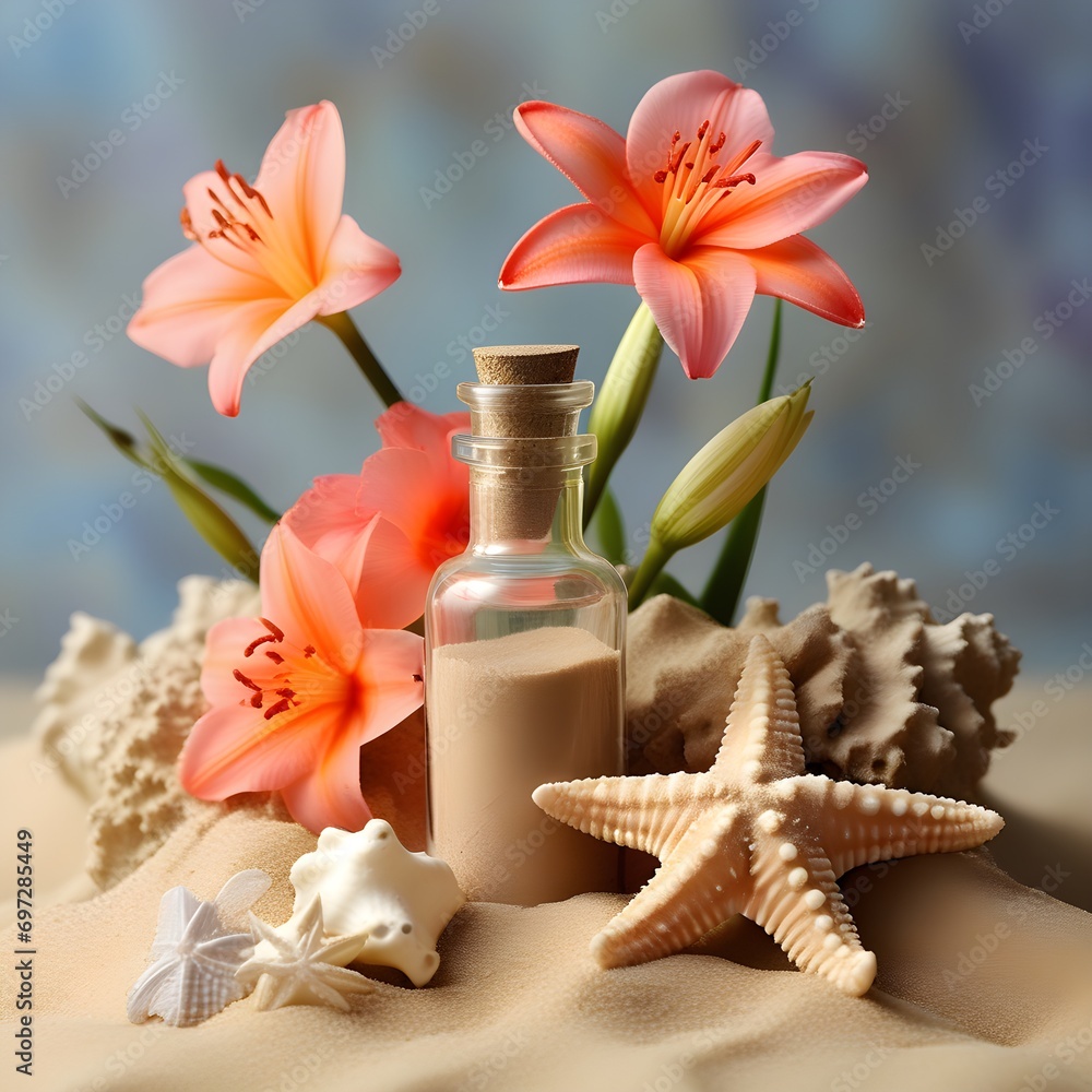 A clear glass bottle filled with sand, seashells, and  starfish on a sandy beach.