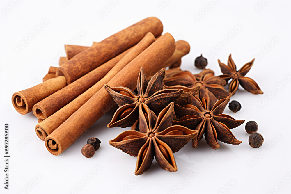 a pile of cinnamon sticks and anise on a white surface a pile of cinnamon sticks and anise on a white surface