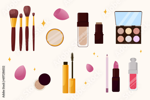 Vector makeup set, makeup brushes, sponge, foundation, lipstick, eye shadow, mascara, sculptor, concealer, cute cartoon style
