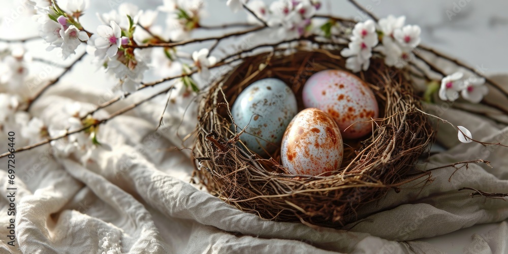 Three eggs in a nest on a cloth. Natural traditional low impact eco friendly Easter decor Three eggs in a nest on a cloth. Natural traditional low impact eco friendly Easter decor