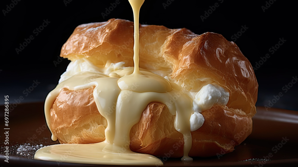 Close-up of a cream puff being filled with rich, vanilla pastry cream ...