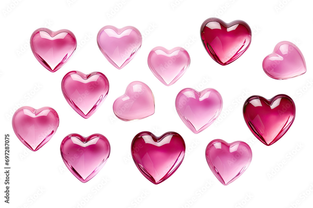 pink colored glass love shapes on an isolated transparent background