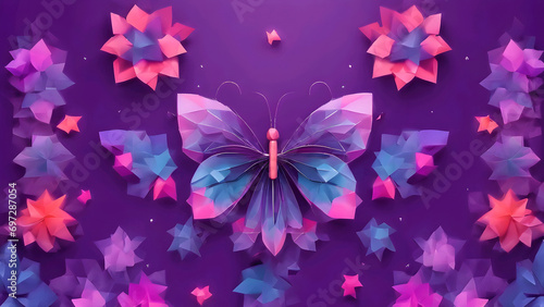 purple and blue butterflies and stars are arranged in a pattern