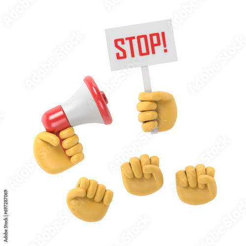 Cartoon hands of demonstrants and hand with Megaphone and stop sign,protest concept,revolution,conflict,Supports PNG files with transparent backgrounds.
 photo