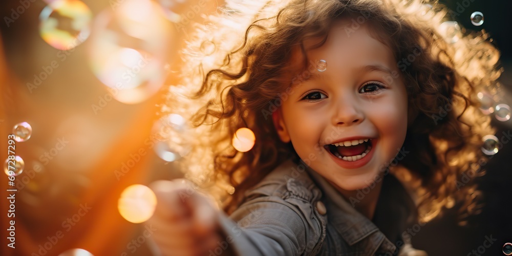 AI Generated. AI Generative. Happy fun child kid playing with soap bubbles outdoot nature meadow background. Face portrait with curvy hair. Graphic Art AI Generated. AI Generative. Happy fun child kid playing with soap bubbles outdoot nature meadow background. Face portrait with curvy hair. Graphic Art
