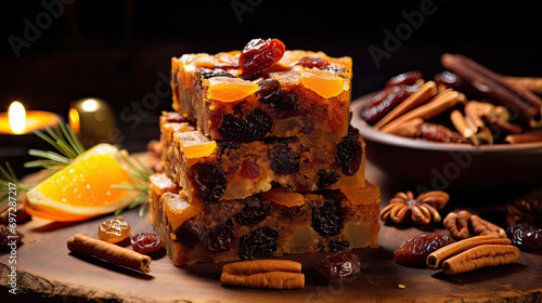 Close-up of a fruitcake with a variety of dried fruits and spices,  Ai Generative photo