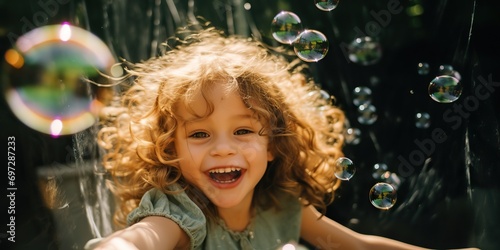 AI Generated. AI Generative. Happy fun child kid playing with soap bubbles outdoot nature meadow background. Face portrait with curvy hair. Graphic Art