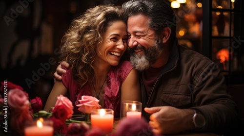 A man and a woman sitting at a table with candles. Celebrate Valentine s Day with a mature romance