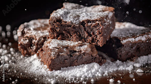 Close-up of a fudgy chocolate brownie square with a dusting of powdered sugar Ai Generative photo