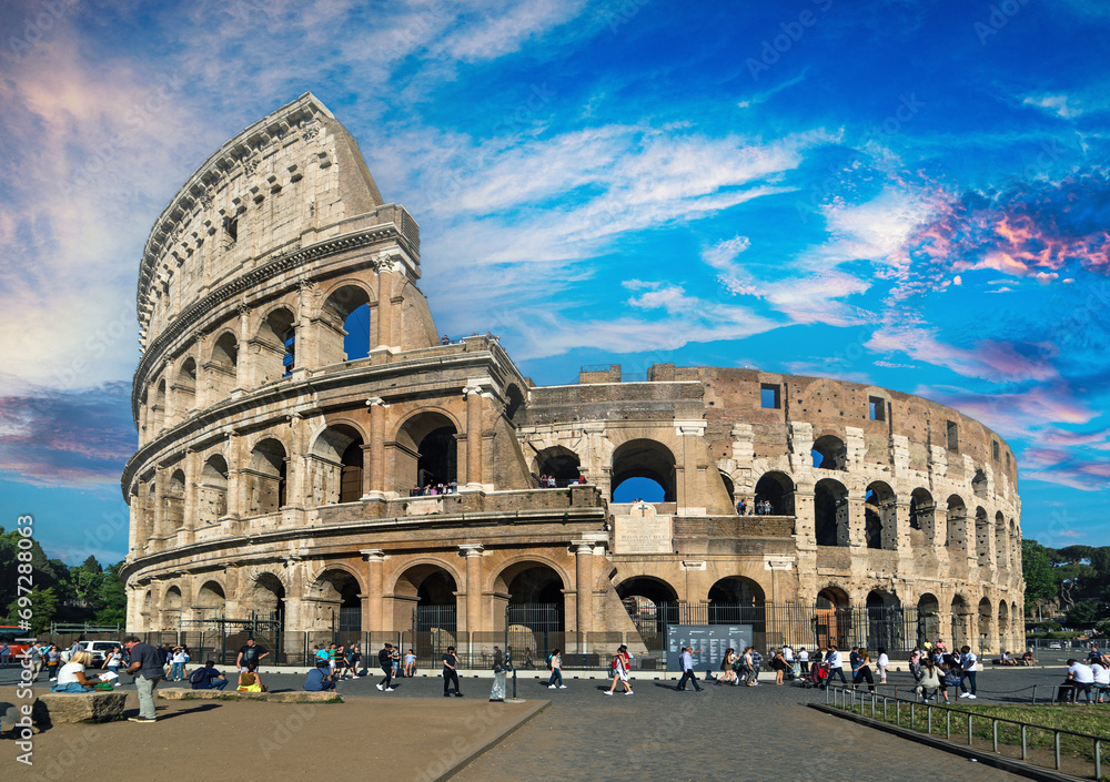 Rome. Empty Colosseum square in Rome dawn view, the most famous landmark of eternal city, capital of Italy
