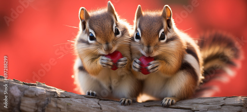 two chipmunks in love holding hearts