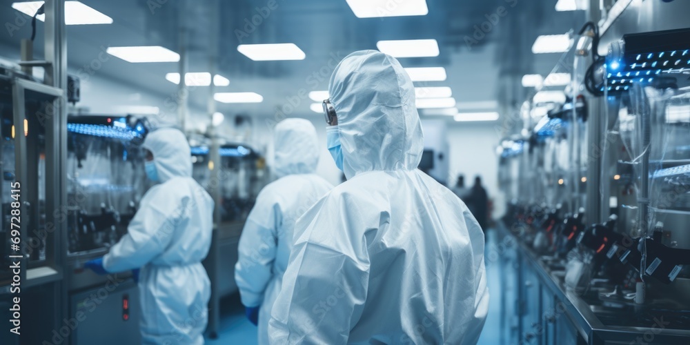 Scientists, garbed in protective gear, navigate a clean room environment, working in a biotech lab creating future cures. Scientists, garbed in protective gear, navigate a clean room environment, working in a biotech lab creating future cures.