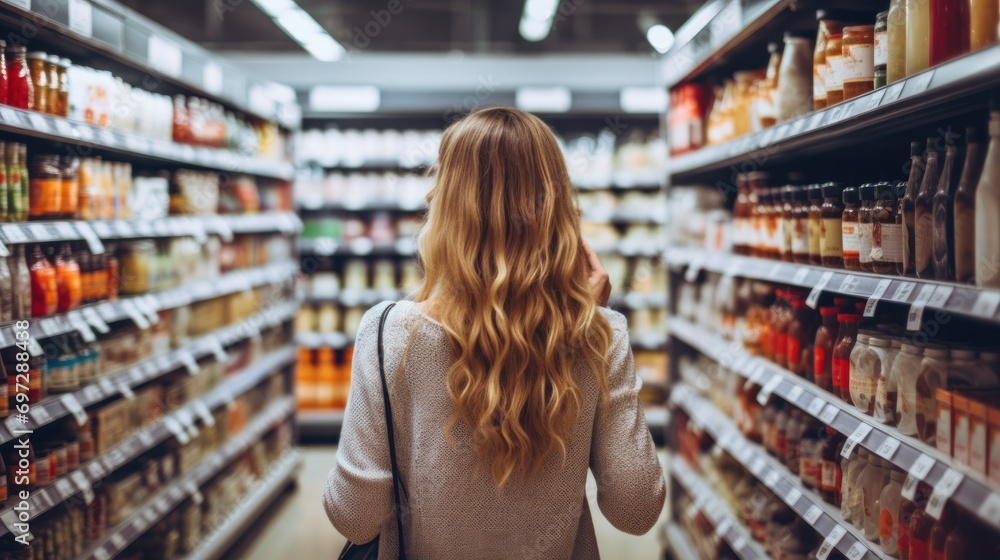 woman comparing products in a grocery store, supermarket, store, retail, food, shopping, groceries, consumerism, choice, customer, market, purchase, buy, sale, consumer, choosing.