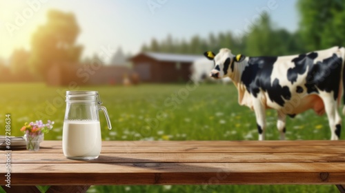 empty table table top with blur background of dairy cow farm, Advertisement, Print media, Illustration, Banner, for website, copy space, for word, template, presentation