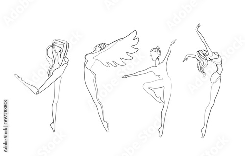 Woman dancers, girl with wings, dancer continuous line drawing, small tattoo, print for clothes and logo design, emblem, logo design, silhouette one single line, isolated abstract vector illustration.