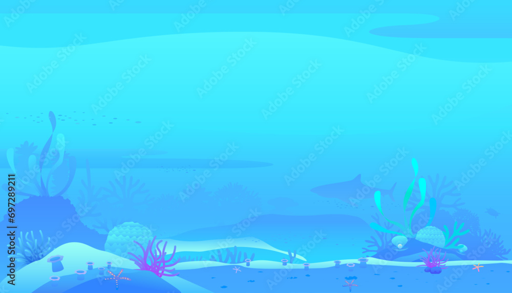Obraz premium Underwater world scene of coral reefs and sea life in the deep blue ocean.