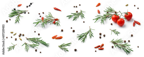 Rosemary with spices isolated on white background. Set of fresh rosemary twig. Top view, green herbs