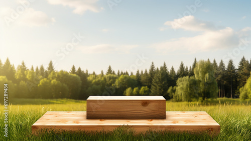3d rendered empty Luxury natural wooden podium in the ground for showing packaging and product on black background, copy space