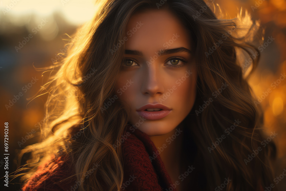 Capturing the essence of fall, this cinematic portrait showcases a beautiful girl model in natural golden hour light, embodying elegance and style. Capturing the essence of fall, this cinematic portrait showcases a beautiful girl model in natural golden hour light, embodying elegance and style.