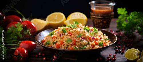 Turkish cuisine delicacy - Bulgur pilaf mixed with vegetables, tomato paste, olive oil, lemon juice, and pomegranate syrup. Presented with spring onion and parsley bulgur salad. Empty area for text.