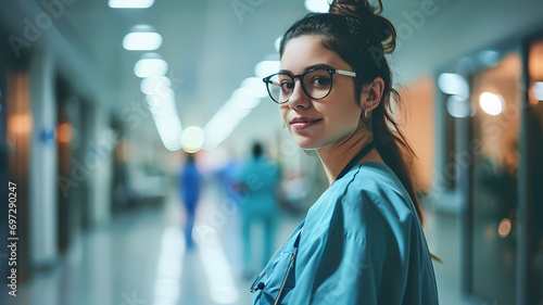 young female nurse wearing scrubs working in a hospital photo