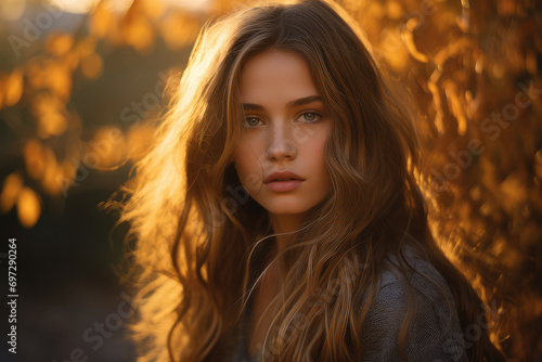 Capturing the essence of fall, this cinematic portrait showcases a beautiful girl model in natural golden hour light, embodying elegance and style.