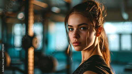 headshot portrait of woman athlete in the gym training with a workout session with weight lifting