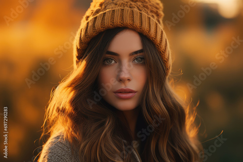 An atmospheric close-up of a young model during golden hour, this photo merges natural autumn beauty with a serene, expressive pose.