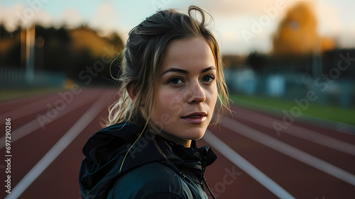 headshot portrait of woman athlete outside on a track preparing to train by running