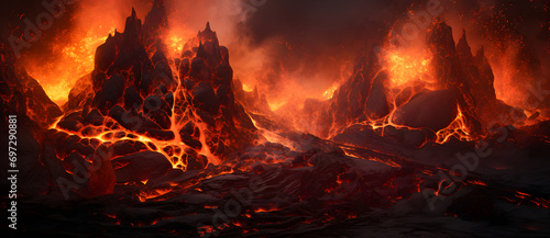 Volcanic landscape with flowing lava